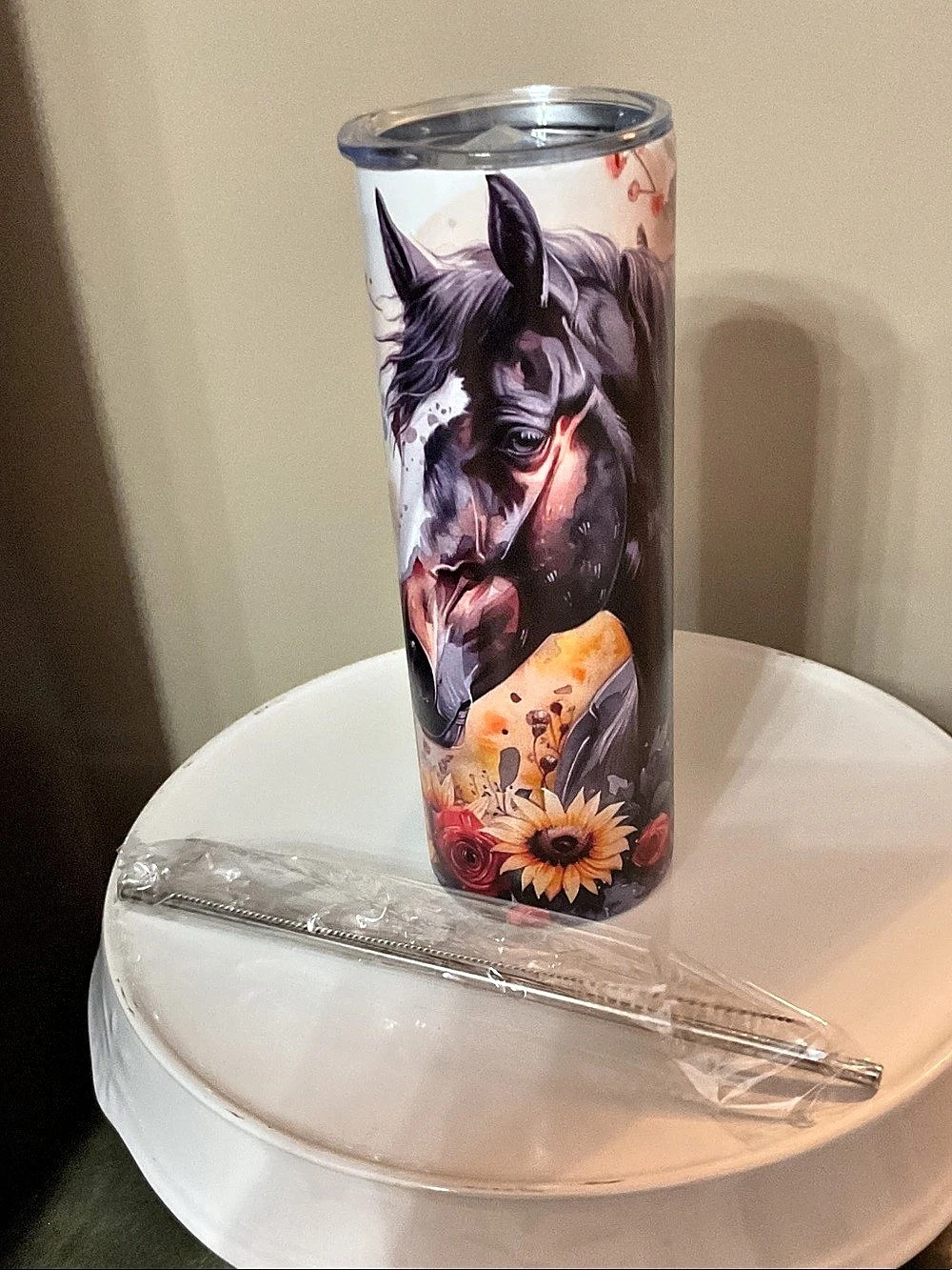Floral Horse Tumbler White & Black